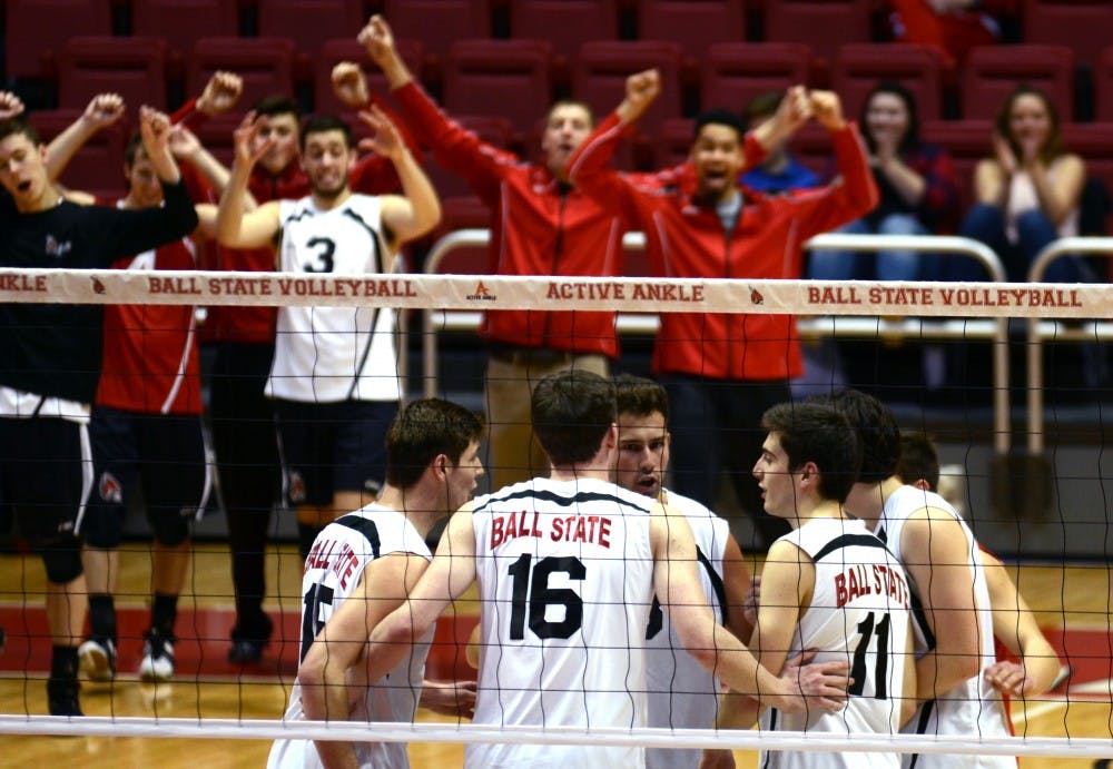 Members of the men's volleyball team react on the sideline during the match against Harvard on Jan. 15 at Worthen Arena. DN PHOTO EMMA ROGERS