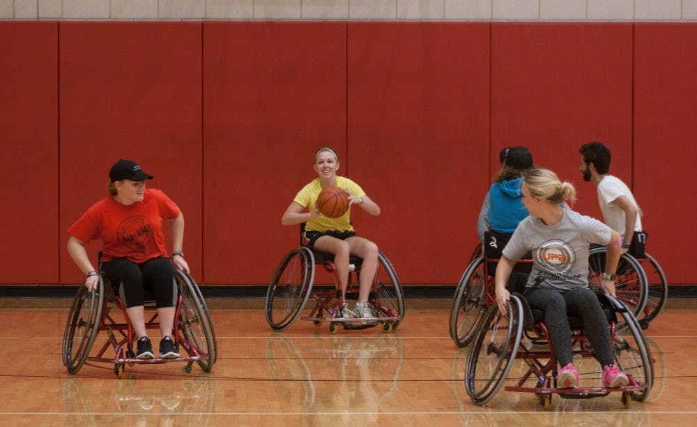Ball State students play wheelchair basketball at the Recreation and Wellness Center on Sept. 21, 2016. Kaiti Sullivan, DN File