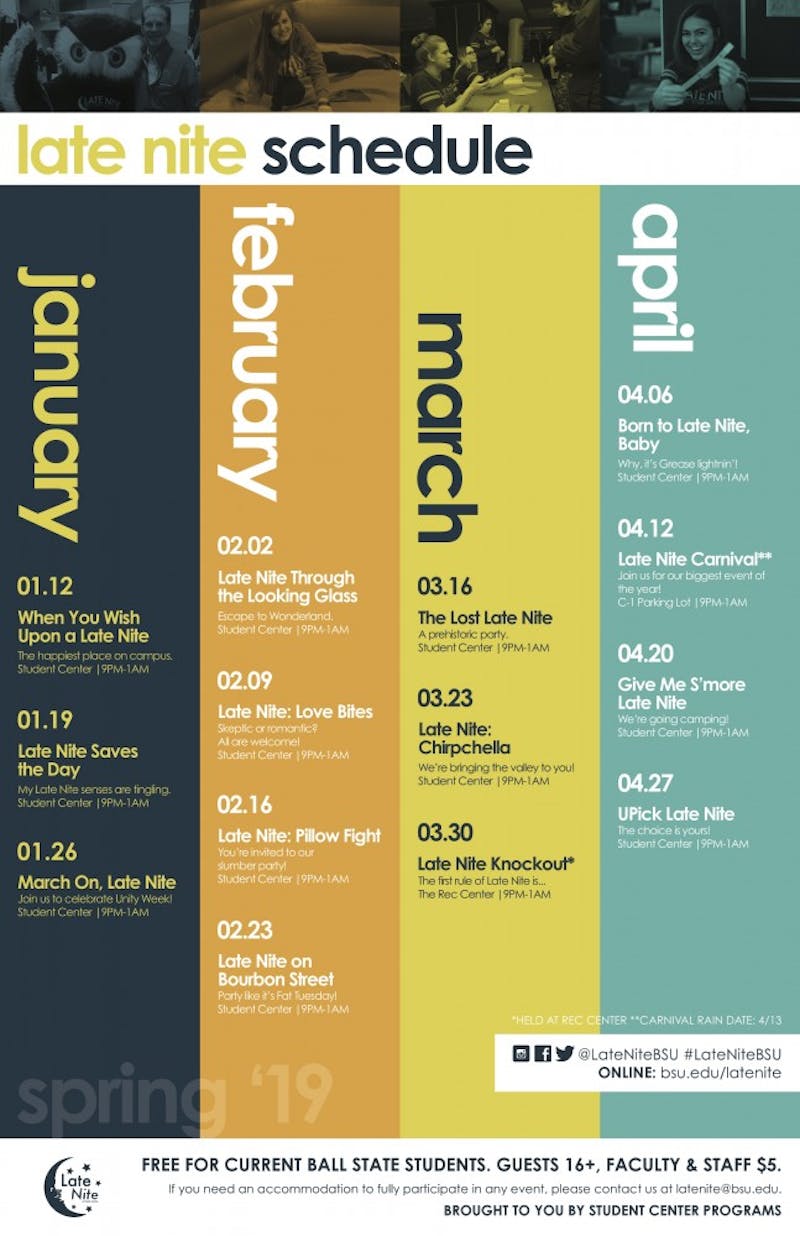 The Late Nite committee has released its schedule for the Spring 2019 semester. In addition to new Late Nite themes, Late Nite will host its most popular event, "Late Nite Carnival."