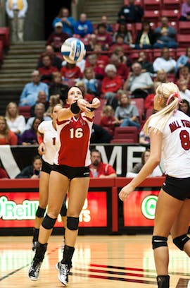 DN FILE PHOTO JONATHAN MIKSANEK Junior Catie Fredrich attempts the dig against Eastern Michigan Oct. 6. The next four games will affect not only MAC West standing but also will determine whether or not they are tournament qualified. 