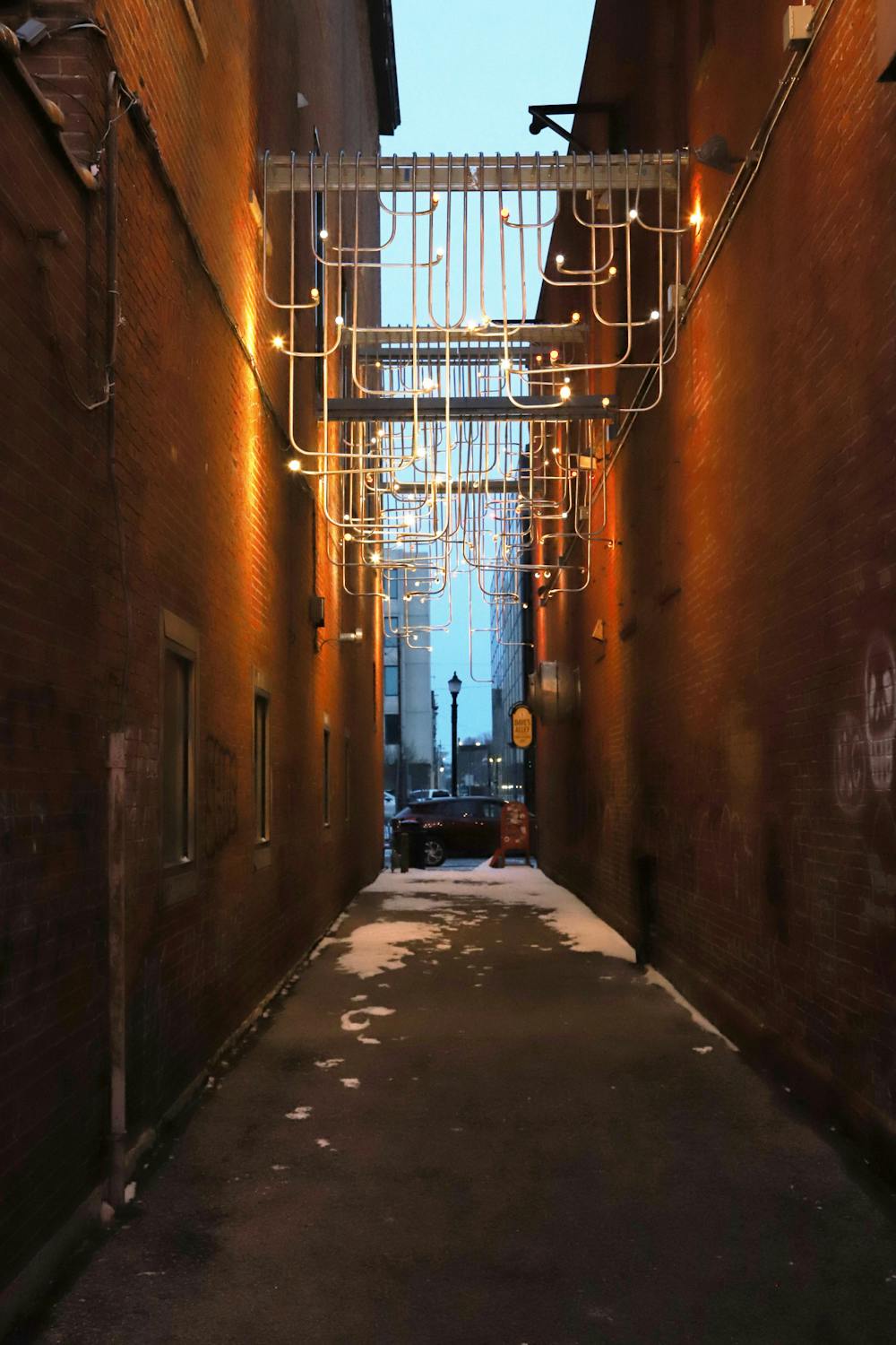 The public art display "Midnight Palace" hangs in Dave's Alley Jan. 15 in downtown Muncie, Indiana.  The piece was made by Future Firm in Chicago, Illinois  Olivia Ground, DN