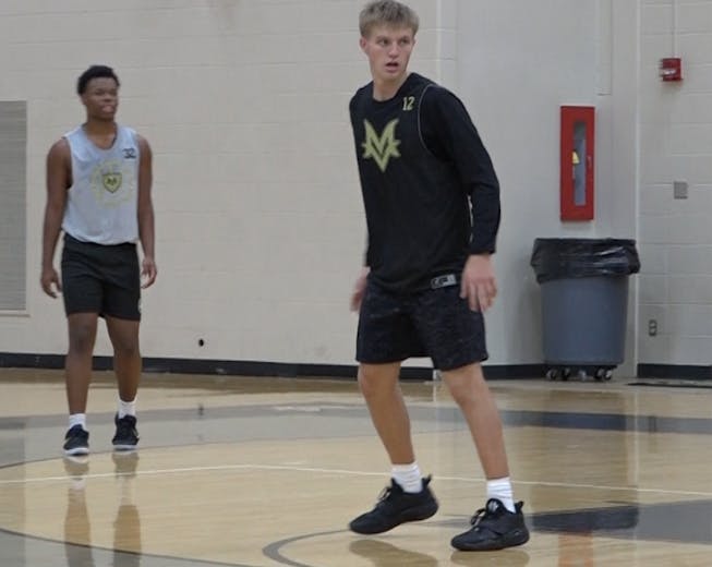  Luke Ertel getting ready to play defense in a drill.