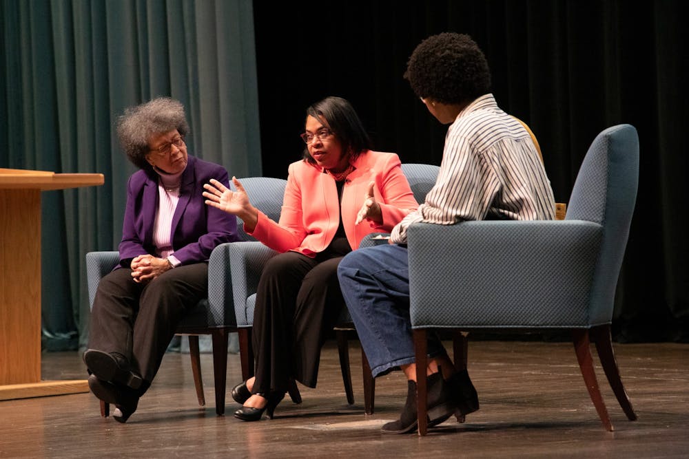 <p>(Left to right) Margaret Weaver, clinical psychologist, and Jennifer Pinckney, widow of South Carolina state Sen. Clementa Pinckney, participate in a Q&amp;A session Feb. 22, 2020, at Emens Auditorium. Pinckney is one of the survivors of the June 2015 mass shooting incident at a church in Charleston, S.C., which killed nine people including her husband. <strong>Rohith Rao, DN</strong></p>