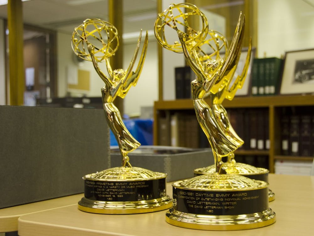 Three of the fifteen Primetime Emmy Awards that David Letterman donated to Ball State University. Ball State is still inventorying and appraising the more than 1,000 items that the late-night celebrity donated. Robby General, DN