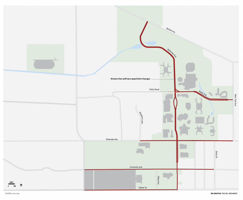 Shown above, the streets highlighted in red will be the streets that will have a new speed limit of 20 miles per hour. The roads were going to change in January, but potholes and poor weather pushed the change from 30 miles per hour to this week. DN GRAPHIC RACHEL BRAMMER