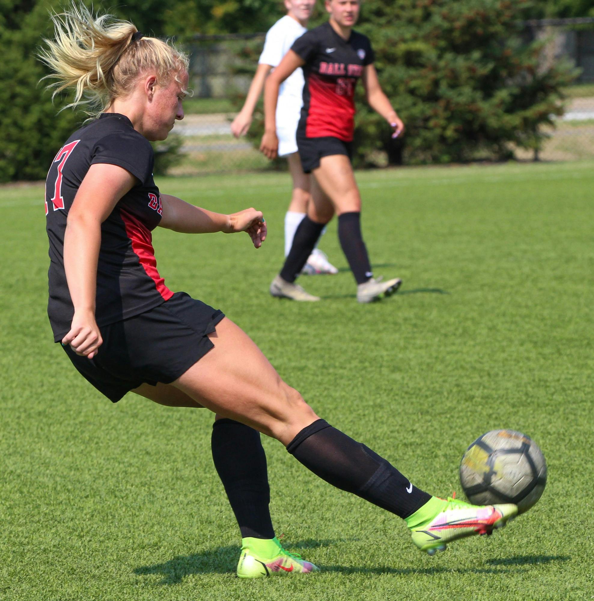 Freshman defender Alex McPhee kicks the ball away. Ball State is now 2-4 for the 2021 season. Jacy Bradley, DN