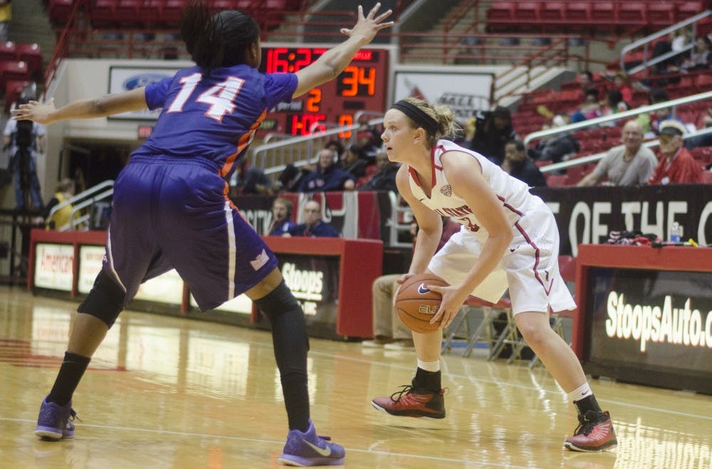 Senior guard Shelbie Justice attempts to guard the ball during the game against Evansville on Nov. 19 at Worthen Arena. DN PHOTO BREANNA DAUGHERTY