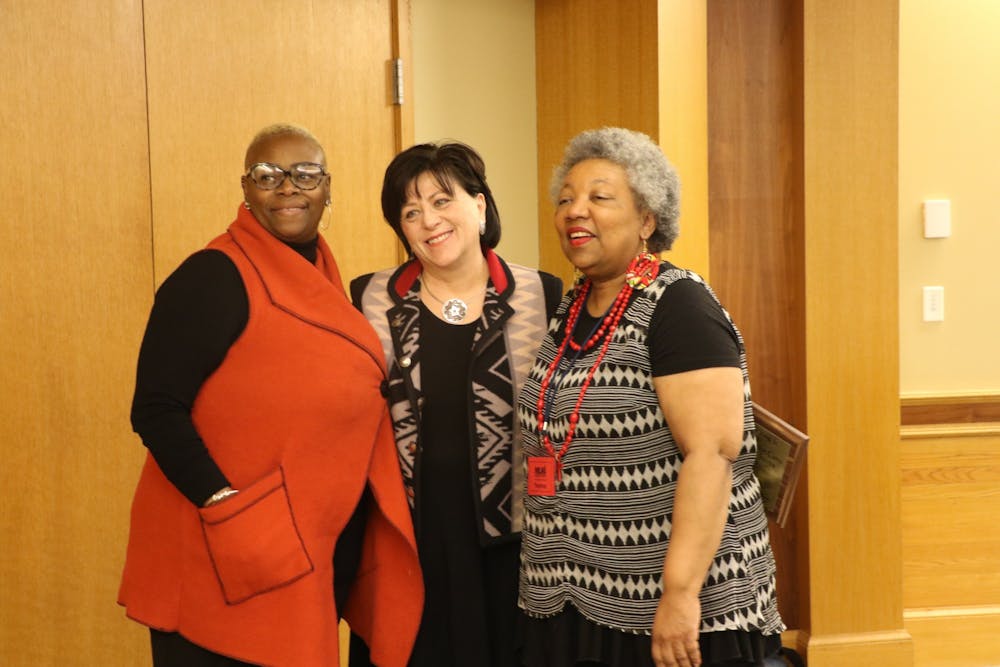 <p>(From left to right) WaTasha Barnes Griffin, chairperson of the MLK Dream Team, Sali Falling, Ball State's vice president and general counsel, and Yvonne Thompson, director of the Muncie Human Rights Office, pose for a photo Feb. 1, 2020, at the Black History Month Kickoff event at Minnetrista. Falling was one of the recipients of the James &amp; Marilyn Carey Community Service Award. <strong>Jaden Hasse, DN</strong></p>