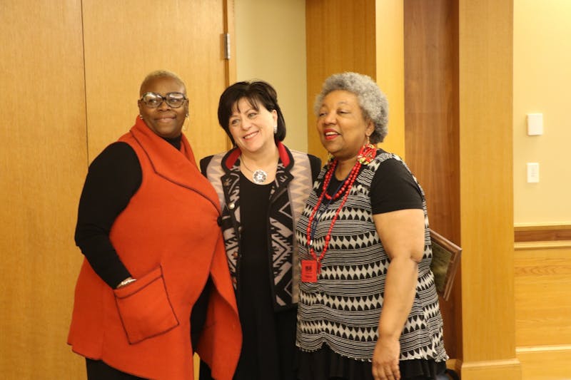 (From left to right) WaTasha Barnes Griffin, chairperson of the MLK Dream Team, Sali Falling, Ball State's vice president and general counsel, and Yvonne Thompson, director of the Muncie Human Rights Office, pose for a photo Feb. 1, 2020, at the Black History Month Kickoff event at Minnetrista. Falling was one of the recipients of the James &amp; Marilyn Carey Community Service Award. Jaden Hasse, DN