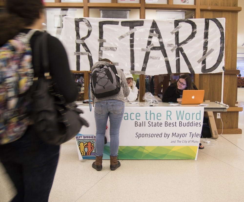 Members of Ball State's Best Buddies program set up a table on March 24 and 25 from 10 a.m. to 1 p.m. inside of the Art and Journalism Building to get signatures from people to pledge to not use the "R" word.&nbsp;DN PHOTO REAGAN ALLEN