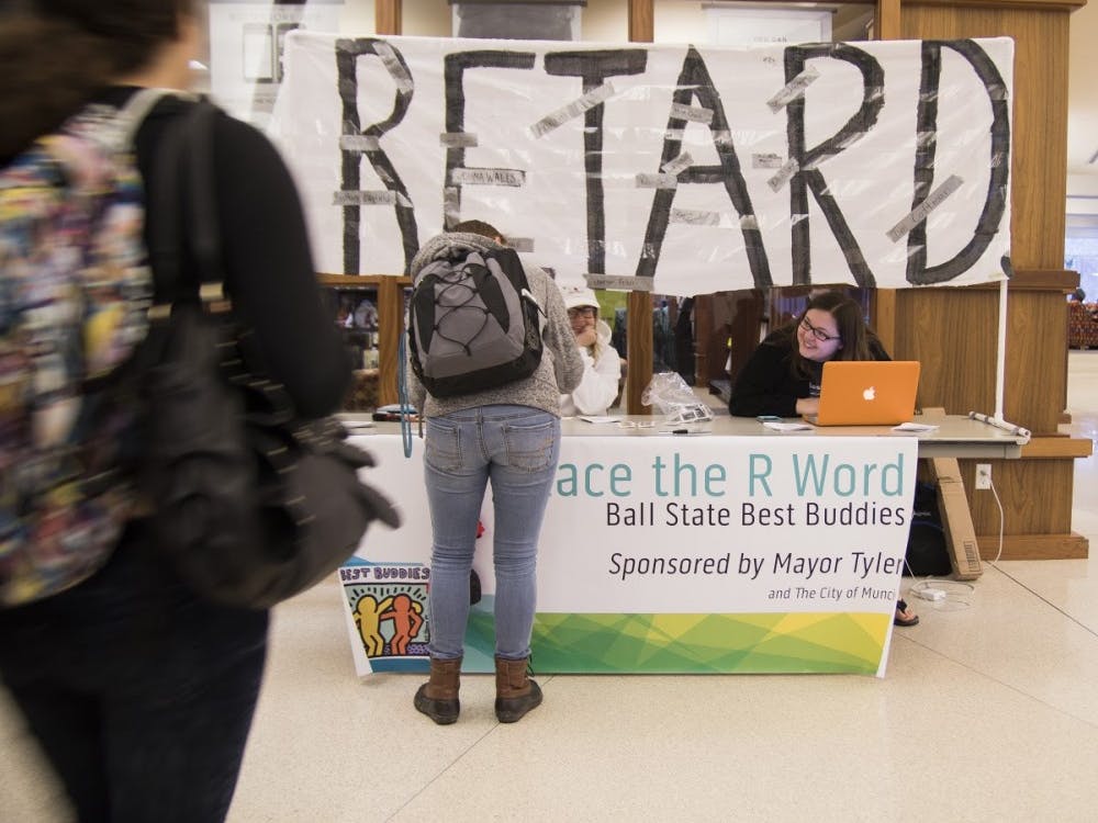 Members of Ball State's Best Buddies program set up a table on March 24 and 25 from 10 a.m. to 1 p.m. inside of the Art and Journalism Building to get signatures from people to pledge to not use the "R" word.&nbsp;DN PHOTO REAGAN ALLEN