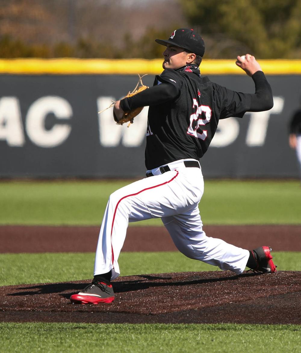 Junior right-handed pitcher Chayce McDermott pitches the ball March 20, 2021, at First Merchants Ballpark. The Cardinals won their first game of the day 13-1 against Western Michigan. Jaden Whiteman, DN