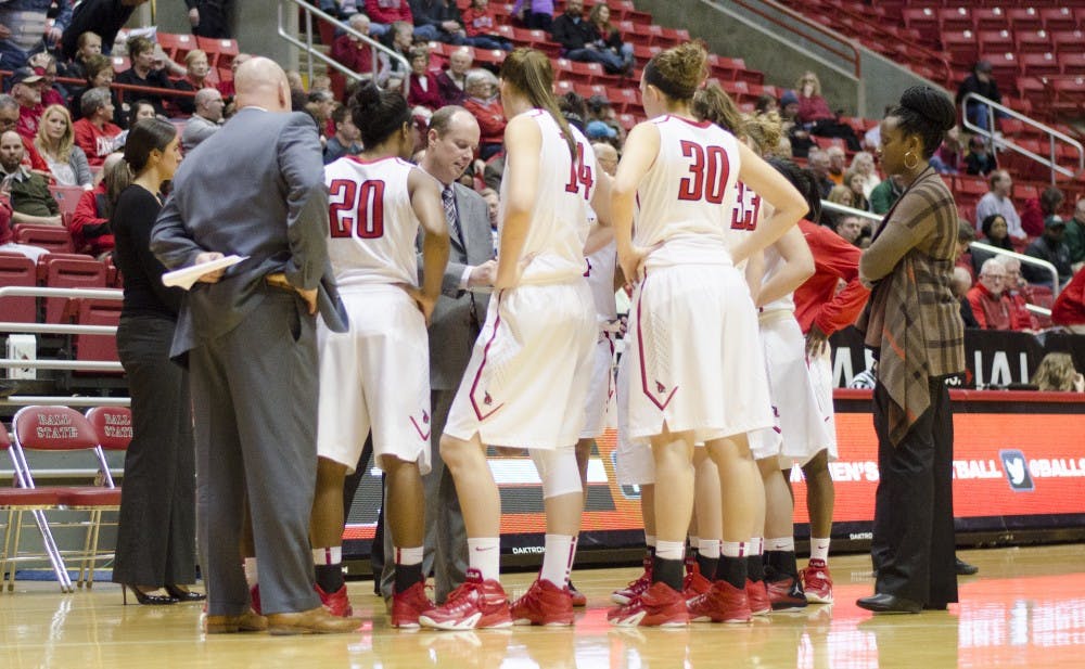 Head coach Brady Sallee talks to his team during the game against Ohio on Jan. 24 at Worthen Arena. Ball State lost 60-53. DN PHOTO BREANNA DAUGHERTY