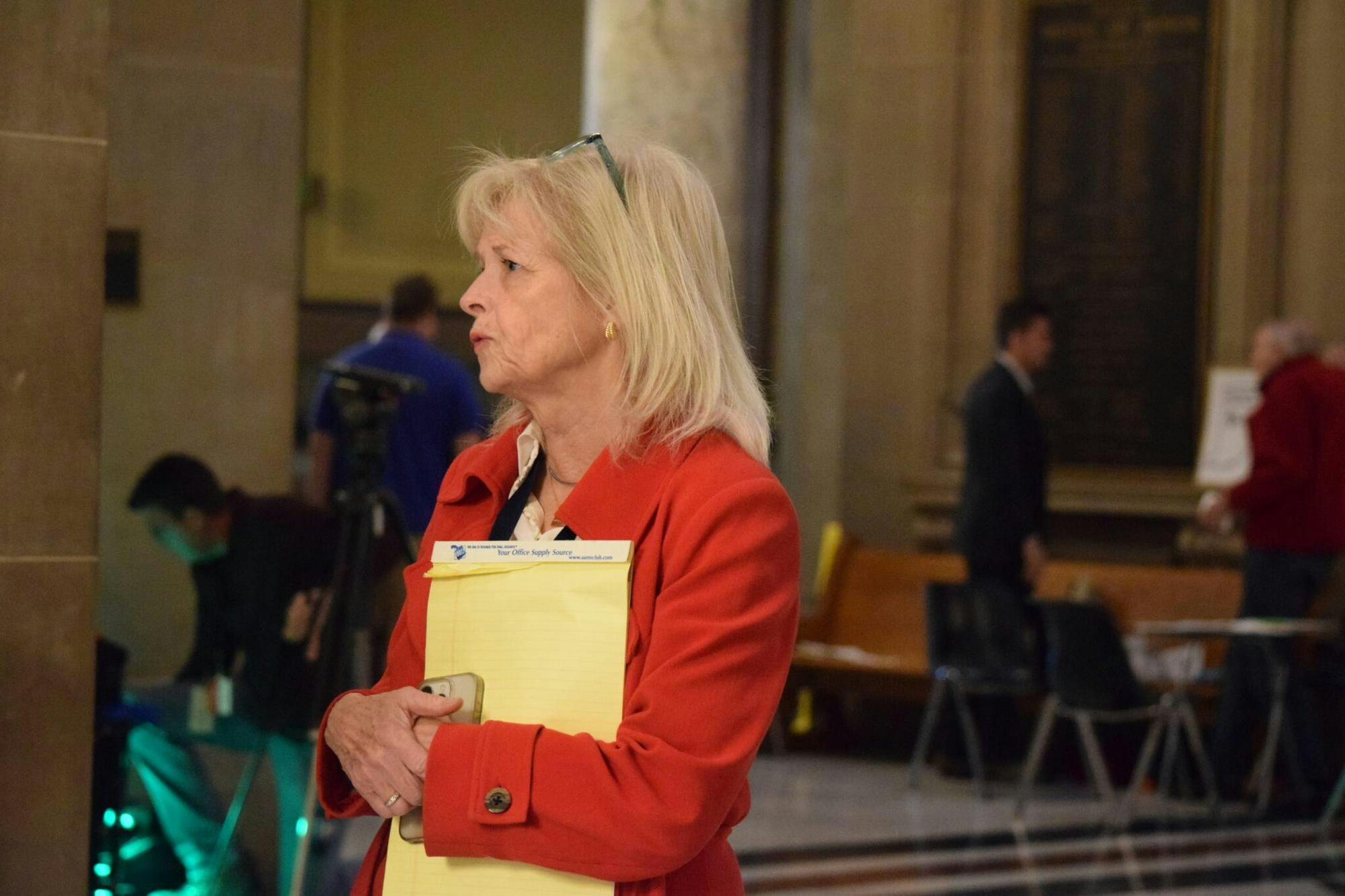 Sen. Liz Brown, R-Fort Wayne, answers questions about redistricting on Tuesday, Nov. 18, 2025, at the Indiana Statehouse. Photo by Casey Smith, Indiana Capital Chronicle.