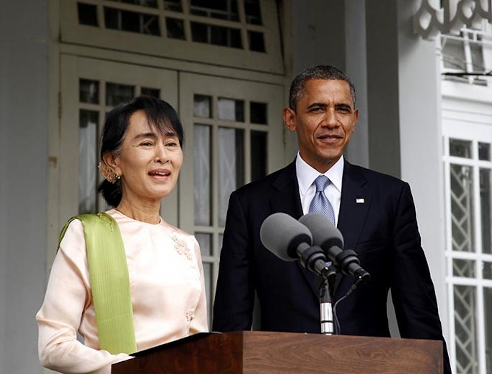 U.S. President Barack Obama, right, and Myanmar opposition leader Aung Auu Kyi address the media in Yangon, Burma, November 19, 2012. Obama became the first sitting U.S. president to visit the Southeast Asian nation. (Xinhua/Zuma Press/MCT)