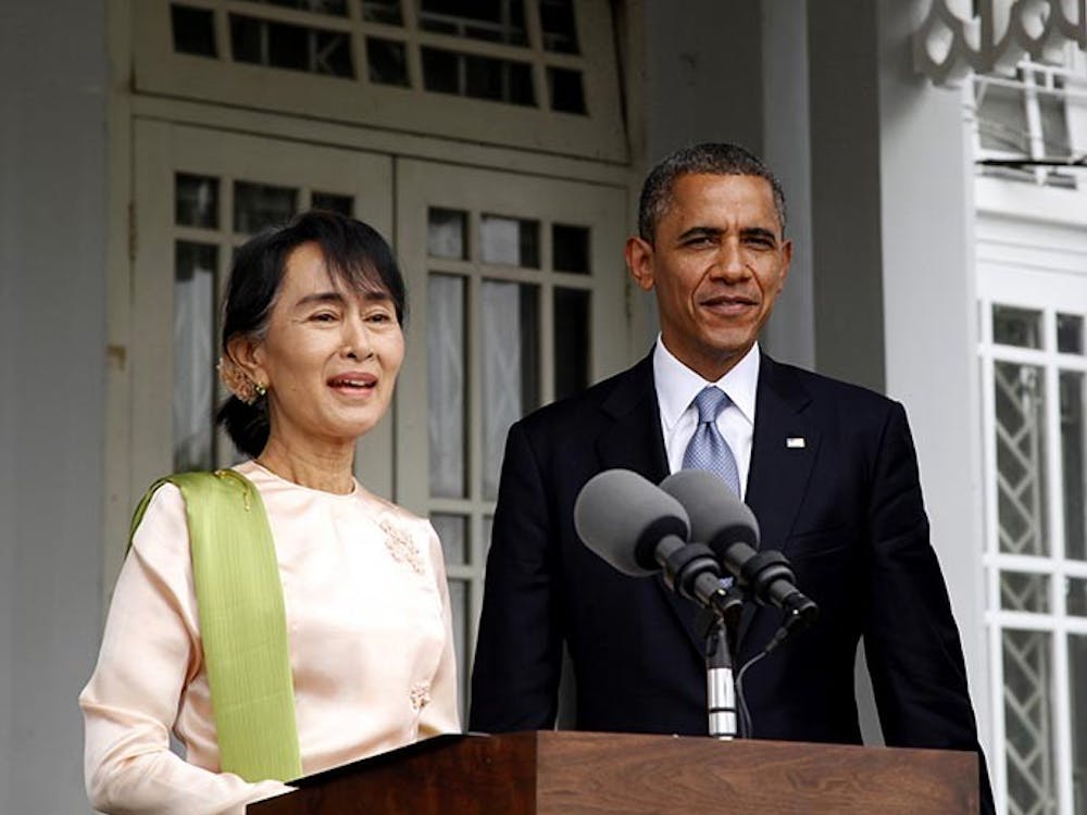 U.S. President Barack Obama, right, and Myanmar opposition leader Aung Auu Kyi address the media in Yangon, Burma, November 19, 2012. Obama became the first sitting U.S. president to visit the Southeast Asian nation. (Xinhua/Zuma Press/MCT)
