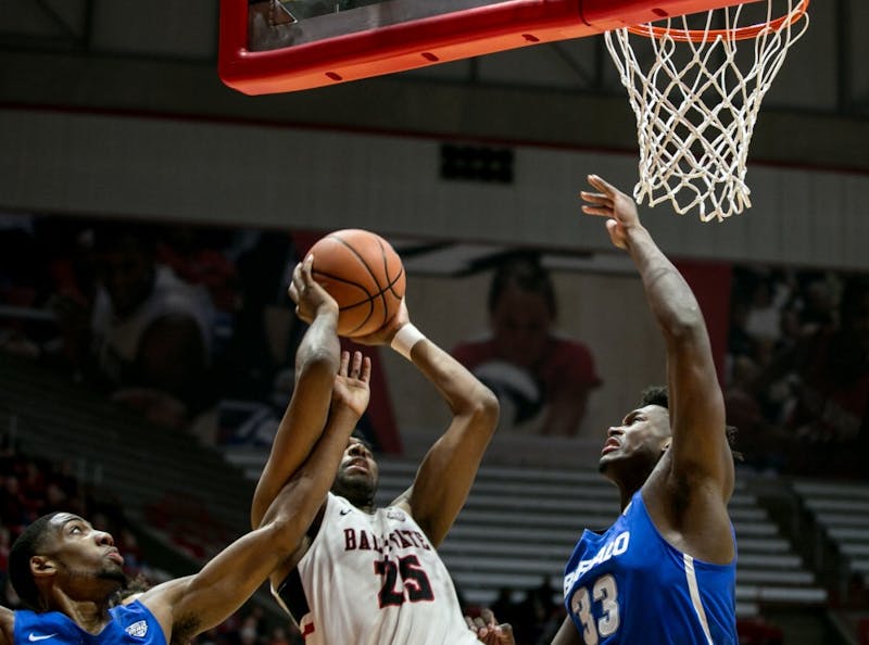 Sophomore forward Tahjai Teague attempts to shoot the ball during the game against Buffalo on Jan. 6 in John E. Worthen Arena. The Cardinals lost 63-83. Kaiti Sullivan, DN