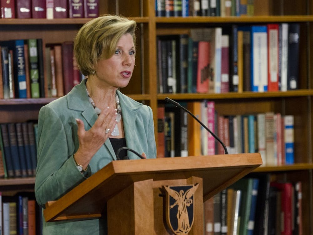 Ball State University President Jo Ann Gora talks to the media about her resignation on Oct. 28 at the L.A. Pittenger Student Center music lounge. Gora's replacement will likely be handled by a private search within the next eight months. DN PHOTO COREY OHELNKAMP