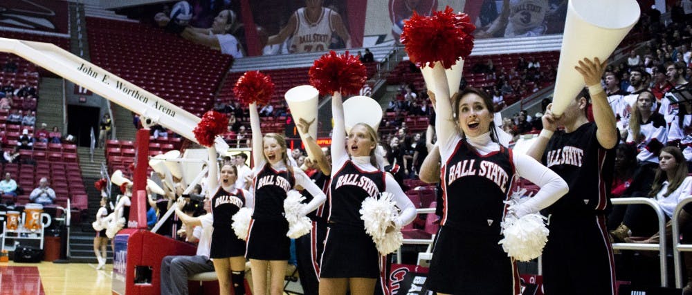 Ball State cheerleaders rally the crowd during the game against Buffalo on Feb. 4 at Worthen Arena. DN PHOTO MAKAYLA JOHNSON