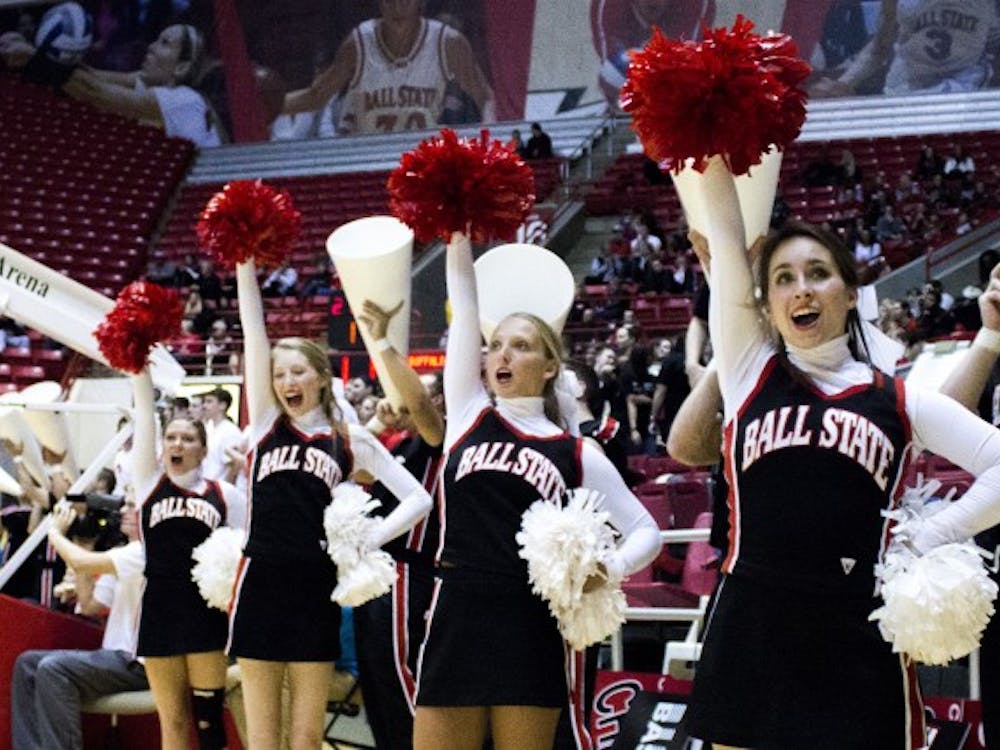 Ball State cheerleaders rally the crowd during the game against Buffalo on Feb. 4 at Worthen Arena. DN PHOTO MAKAYLA JOHNSON