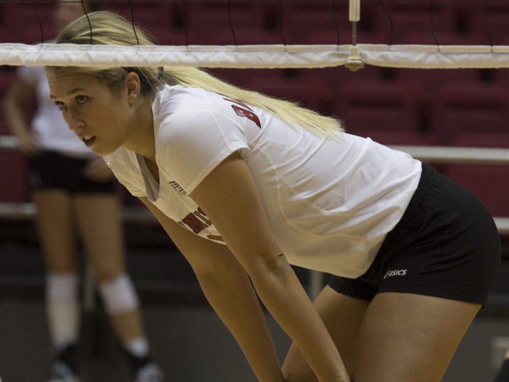 No. 11 Amanda Raker watches the server at the game against Toledo at Worthen Arena on October 29th, 2015.