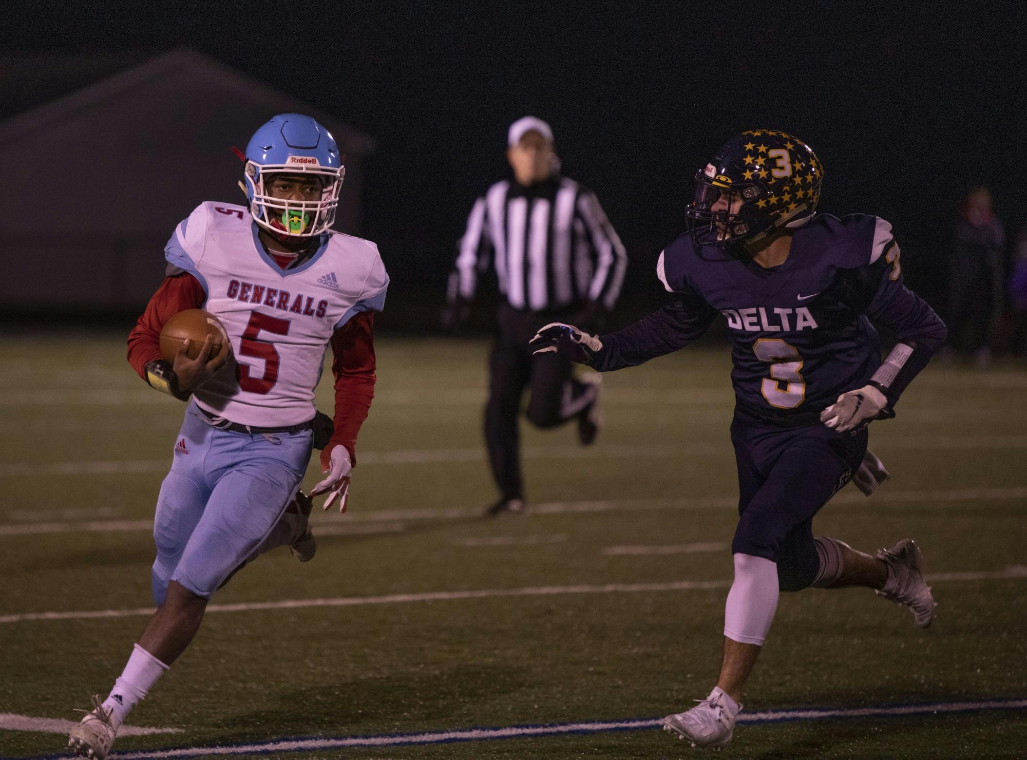 Wayne Generals&#x27; junior quarterback and slotback Shawn Collins runs the ball vs. Delta Oct. 30, 2020, at Delta High School. The Eagles defeated the Generals 49-18. Connor Smith, DN. 