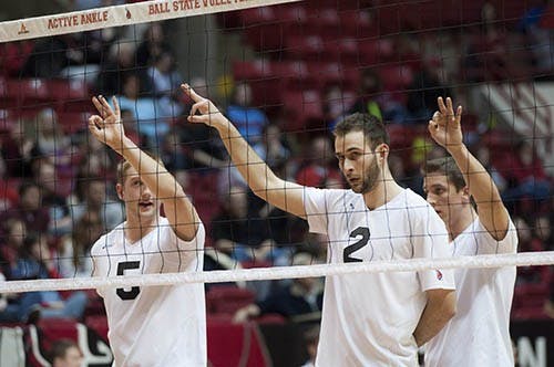 Junior Matt Leske waits for a serve during the match against Ohio State on Friday. The win over Ohio State helped Ball State earn a ranked position in the Midwestern Intercollegiate Volleyball Association. DN PHOTO JONATHAN MIKSANEK