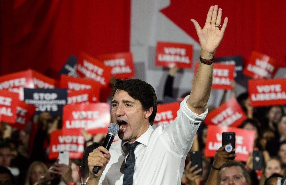 <p>Liberal leader Justin Trudeau holds a rally in Milton, Ontario, Canada, on Saturday, Oct. 19, 2019. National elections are scheduled for Monday. <strong>(Sean Kilpatrick/The Canadian Press via AP)</strong></p>