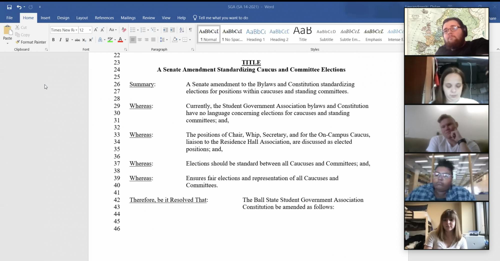 Ball State Student Government Association (SGA) senators discuss an amendment to standardize committee and caucus leadership elections at their Zoom meeting March 24, 2021. The amendment passed 37-0 with five abstentions. Grace McCormick, Screenshot Capture
