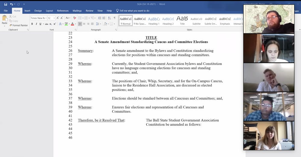<p>Ball State Student Government Association (SGA) senators discuss an amendment to standardize committee and caucus leadership elections at their Zoom meeting March 24, 2021. The amendment passed 37-0 with five abstentions. <strong>Grace McCormick, Screenshot Capture</strong></p>