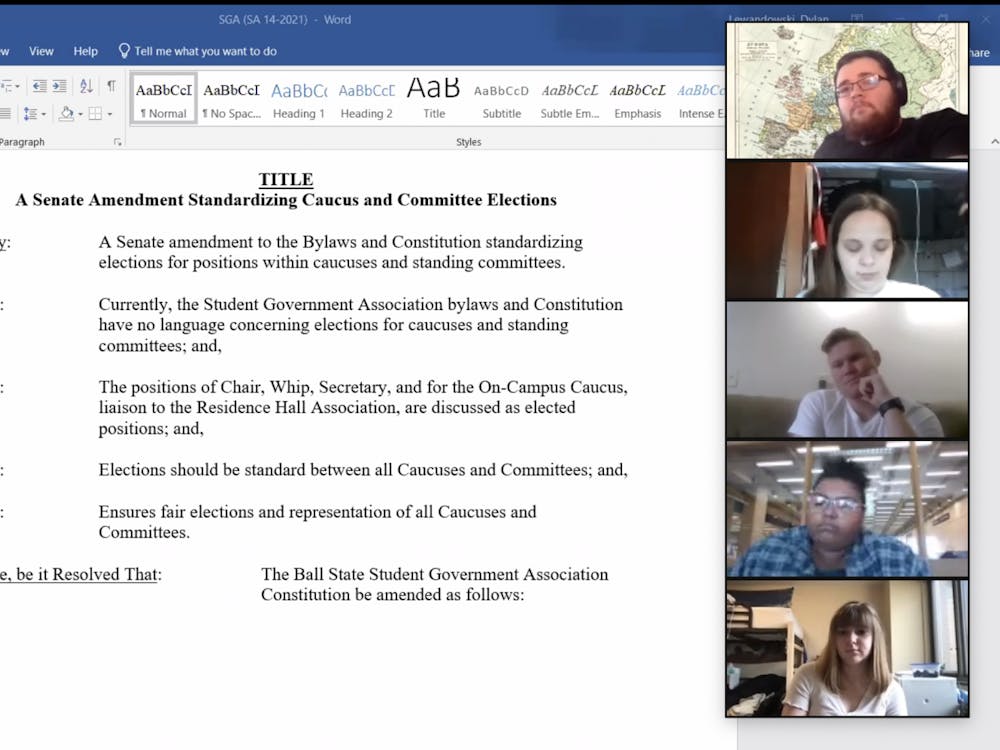 Ball State Student Government Association (SGA) senators discuss an amendment to standardize committee and caucus leadership elections at their Zoom meeting March 24, 2021. The amendment passed 37-0 with five abstentions. Grace McCormick, Screenshot Capture