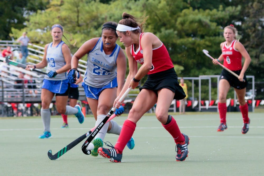 Forward Abbey Main fights for control over the ball during the game against St. Louis on Aug. 25 at the Briner Sports Complex. The Cardinals won 5-0. Kyle Crawford // DN