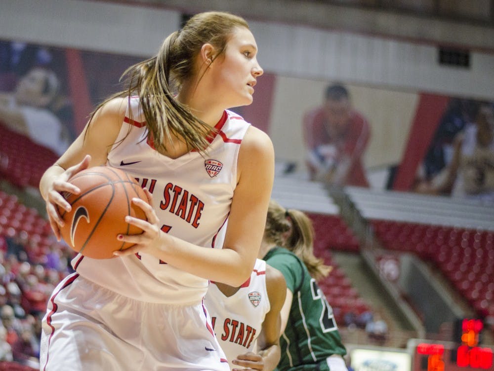 Sophomore center Renee Bennett grabs a rebound during the game against Ohio on Jan. 24 at Worthen Arena. DN PHOTO BREANNA DAUGHERTY