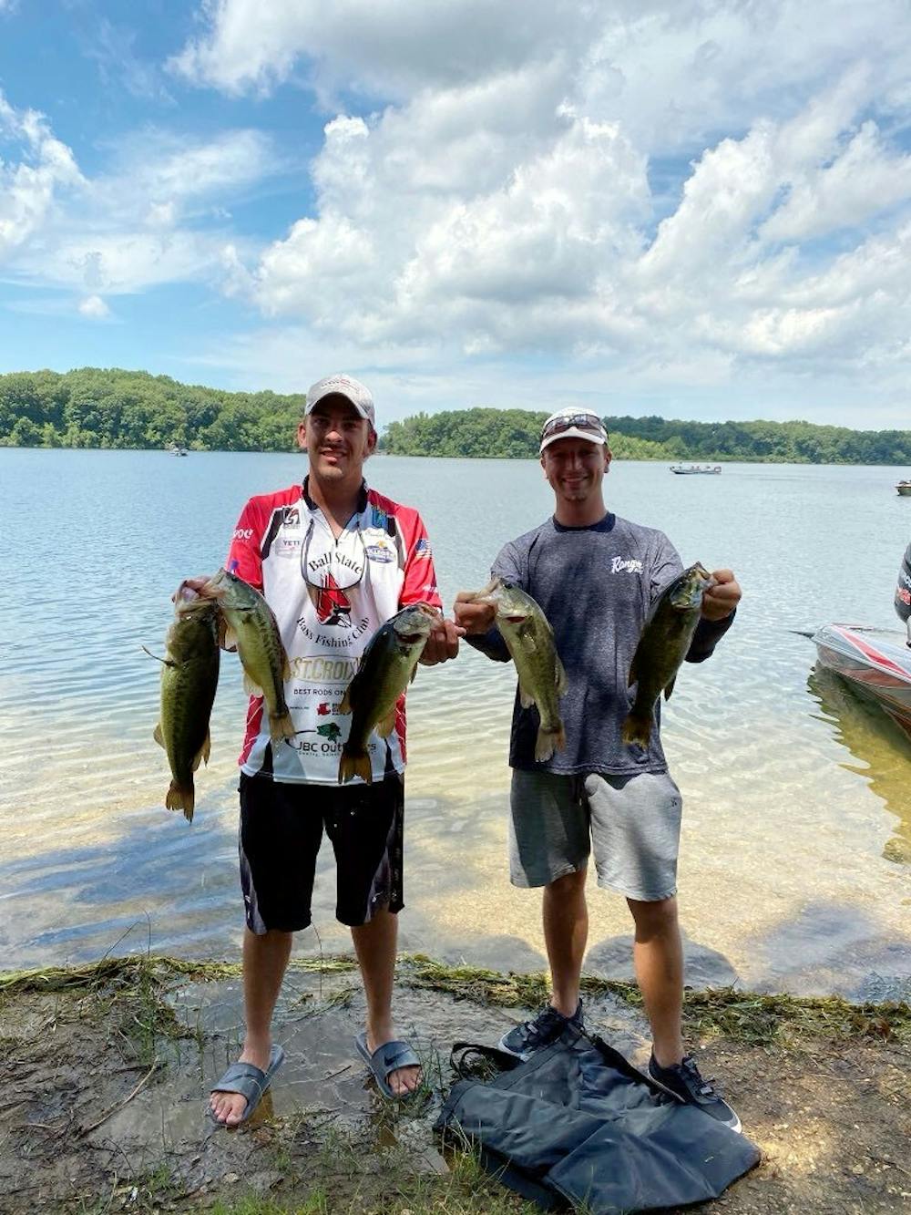 Ball State Bass Fishing Club members Braiden Arnett and Joe Howe hold their fish after a tournament. Members of the fishing club compete in tournaments across the state of Indiana. Joe Howe, Photo Provided