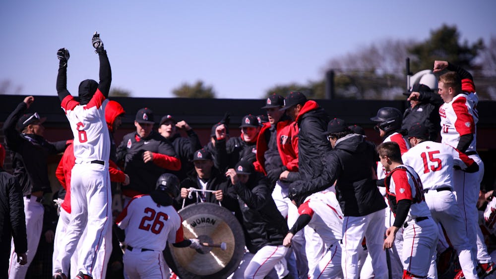 Junior infielder Zach Lane hits a gong in celebration of the first homerun of the game against Eastern Michigan March 13 at Ball Baseball Diamond. Lane had 3 hits and 3 RBI&#x27;s for the Cardinals. Jacy Bradley, DN