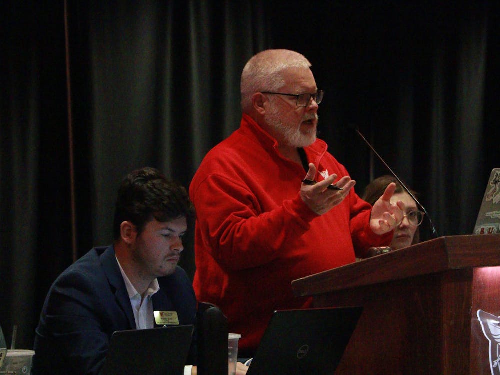 Ball State University's Director of Student Conduct Michael Gillilan informs the Student Government Association (SGA) senate of proposed changes to the code of student rights and responsibilities for the 2025-2026 year at the senate's April 9 meeting in Ball State's L.A Pittenger Student Center Cardinal Hall A. Changes included establishing a clearer definition of harassment as technology has increasingly become a mode of harassment and removing Indiana’s hazing policy for a new interim one for Fall 2025.
Shelby Anderson, DN