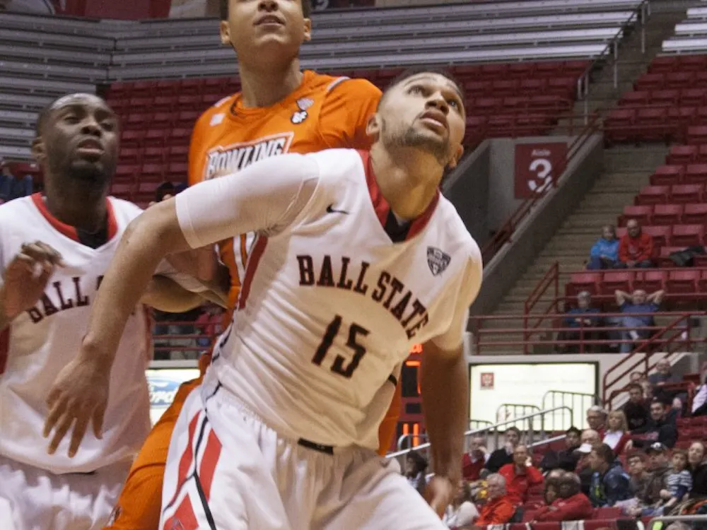 Sophomore forward Franko House blocks an opponent during the game against Bowling Green on Feb. 14 at Worthen Arena. DN PHOTO EMILY CUNNINGHAM