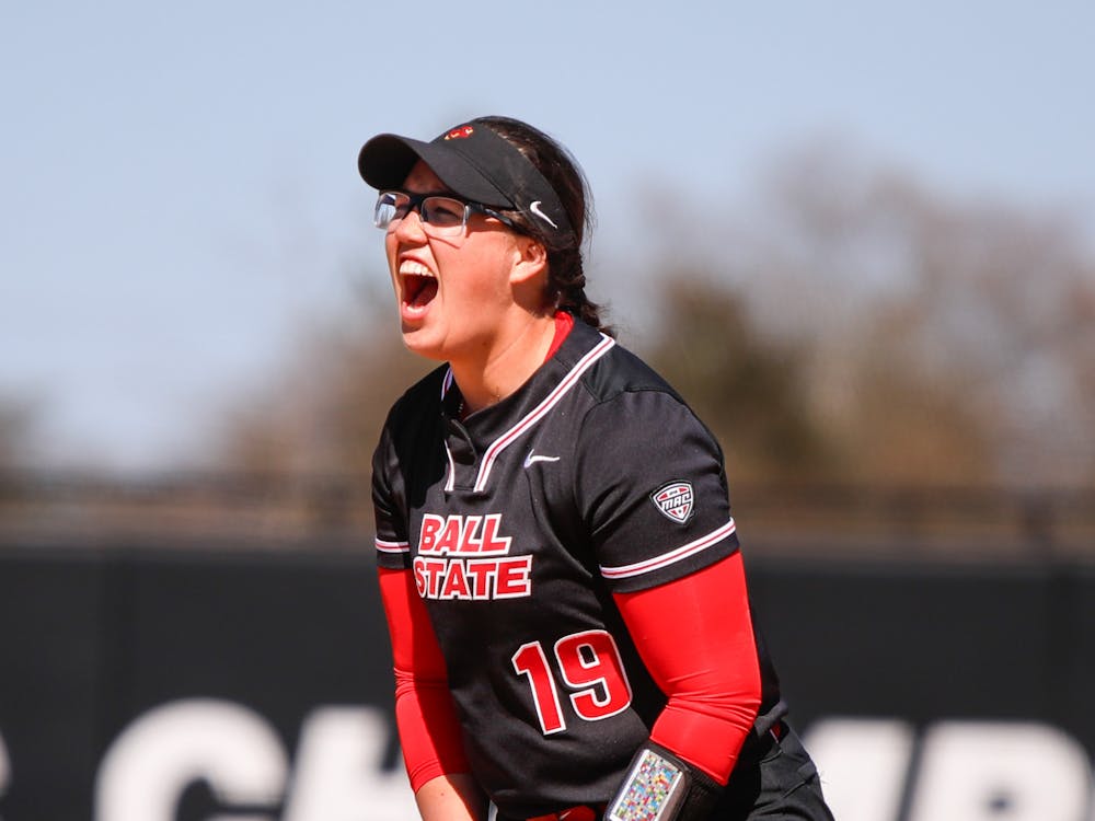 Graduate student infeilder Samantha-Jo Mata yells for a strike against Bowling Green April 13 at First Merchants Ballpark Complex. Mata had six put-outs in the field. Andrew Berger, DN