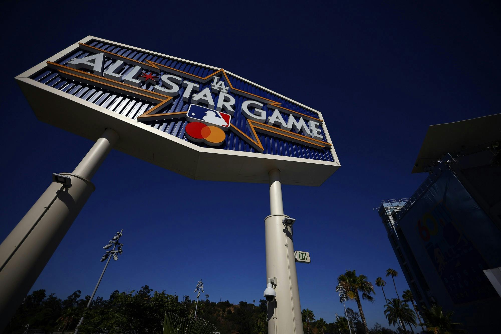 The MLB All-Star game logo at Dodger Stadium on July 10, 2022, in Los Angeles. (Ronald Martinez/Getty Images/TNS)