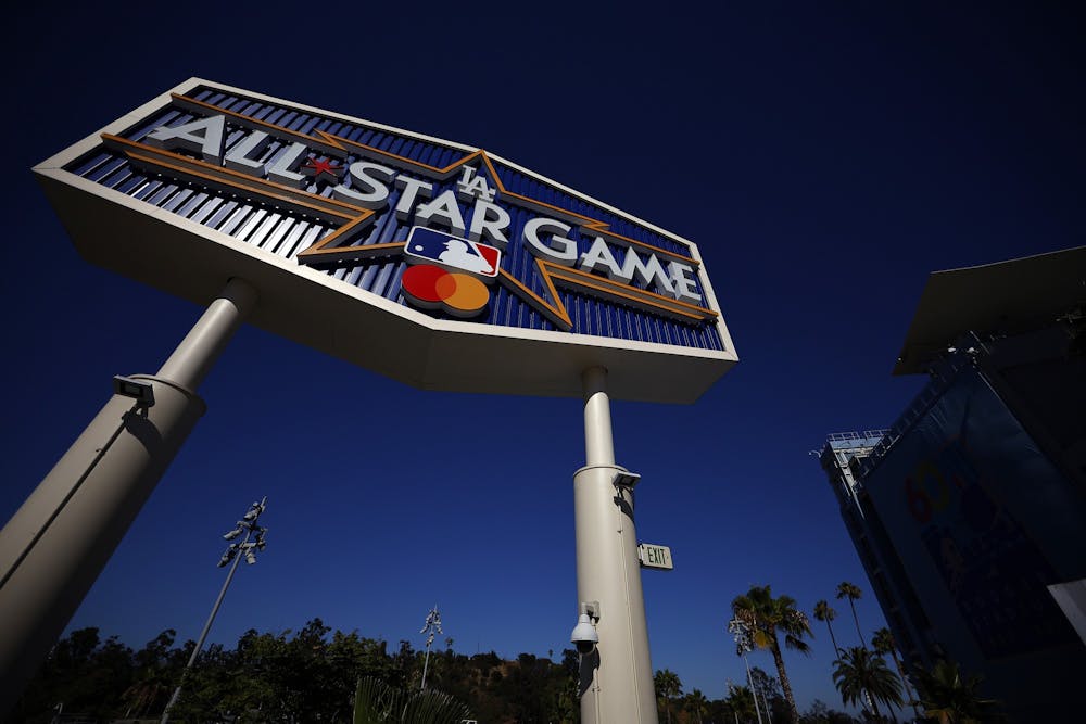 The MLB All-Star game logo at Dodger Stadium on July 10, 2022, in Los Angeles. (Ronald Martinez/Getty Images/TNS)