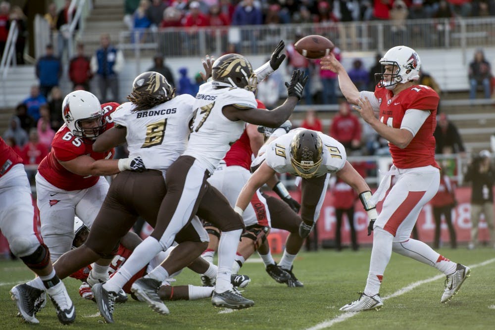 Freshman quarterback Jack Milas has his pass broken up by the Western Michigan defense during the game against Western Michigan at Scheumann Stadium on Oct. 12. DN PHOTO JONATHAN MIKSANEK