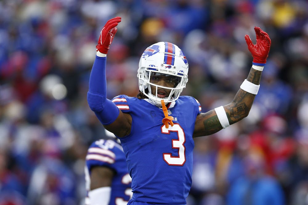 Damar Hamlin of the Buffalo Bills gestures towards the crowd during the third quarter against the Minnesota Vikings at Highmark Stadium on Nov. 13, 2022, in Orchard Park, N.Y. (Isaiah Vazquez/Getty Images)