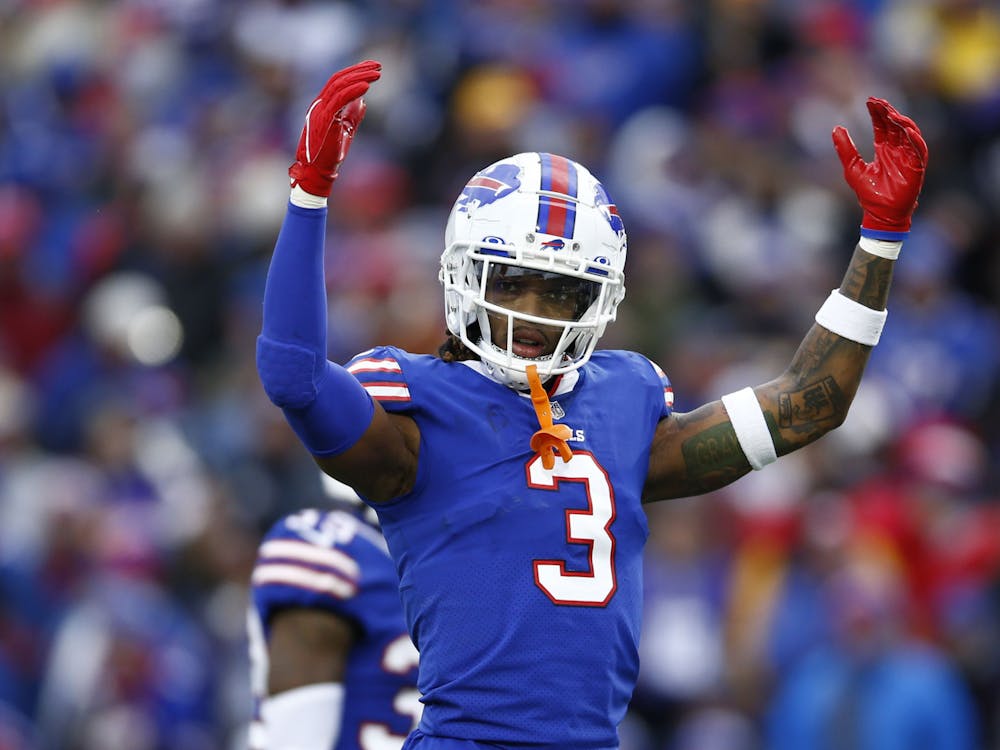 Damar Hamlin of the Buffalo Bills gestures towards the crowd during the third quarter against the Minnesota Vikings at Highmark Stadium on Nov. 13, 2022, in Orchard Park, N.Y. (Isaiah Vazquez/Getty Images)