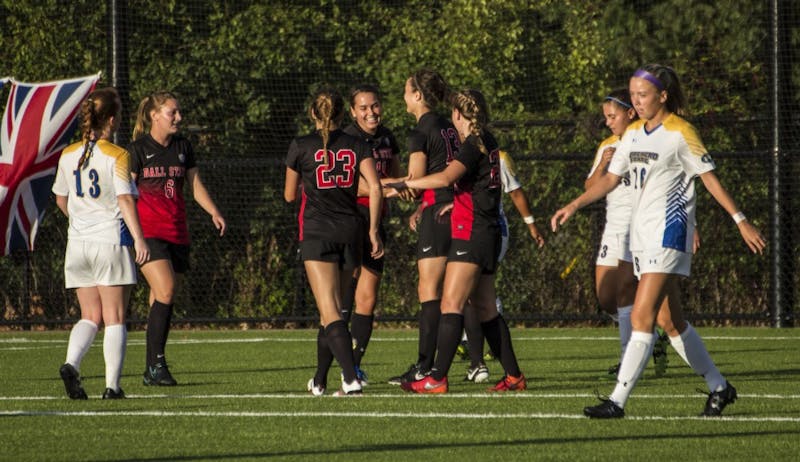 The Ball State soccer team celebrates a goal made during the game against Morehead State on Sept. 16, 2016 at the Briner Sports Complex. Ball State plays at Xavier on Friday and against Appalachian State at home on Sunday. Grace Ramey, DN File