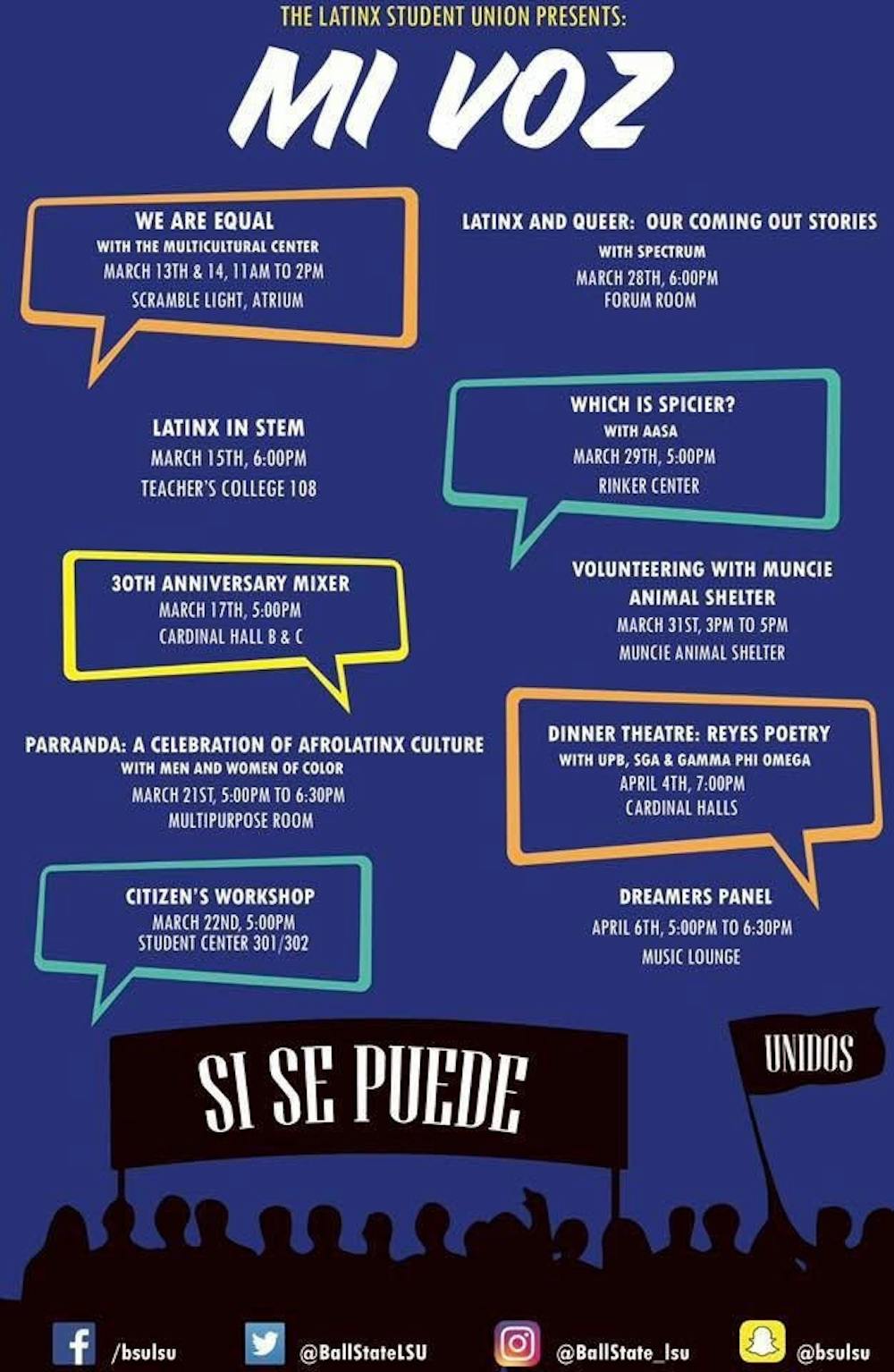 <p>LSU will host their month of events, Mi Voz (My Voice), this month. The events will begin Monday, March 13 and go through the first week of April. Latinx Student Union // Photo Courtesy</p>