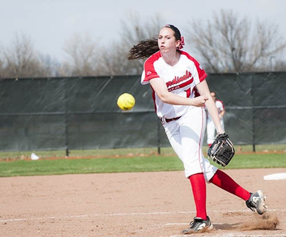 Freshman Kelsey Schifferdecker winds up her pitch against Butler on April 9. The Cardinals will play the Chippewas Friday at Michigan. DN FILE PHOTO JONATHAN MIKSANEK