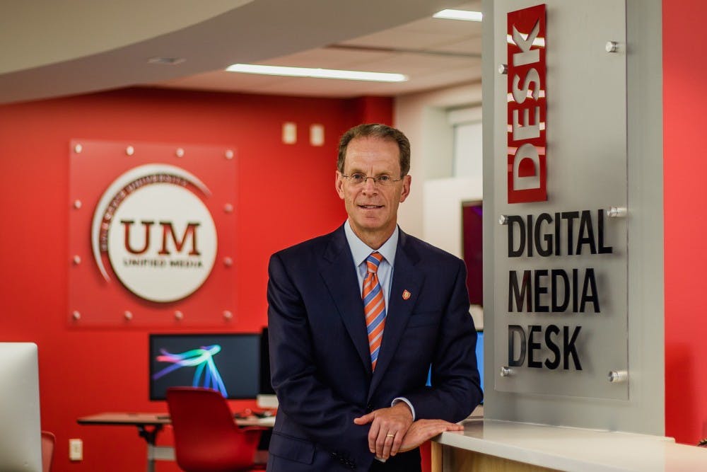 <p>President Geoffrey S. Mearns poses for a picture in the Unified Media Lab within the Art and Journalism Building on Aug. 9, 2017. <strong>Reagan Allen, DN</strong></p>