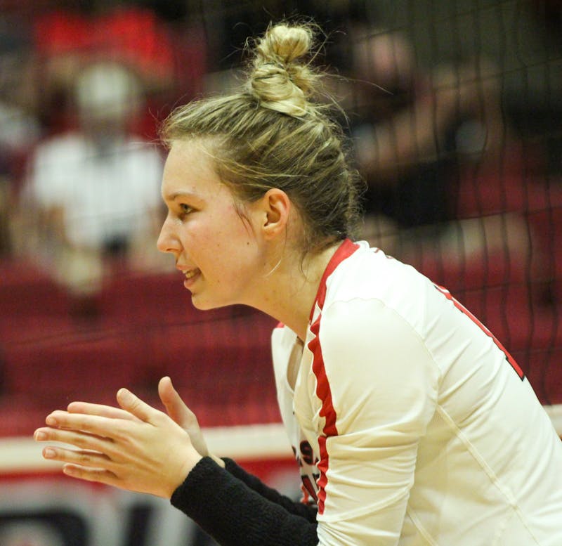 Freshman setter Megan Wielonski pumps up her teammates before the next point against Northern Kentucky at Worthen Arena Sept. 18. Wielonski has been a leader for Cardinals in her freshman season. Jacy Bradley, DN