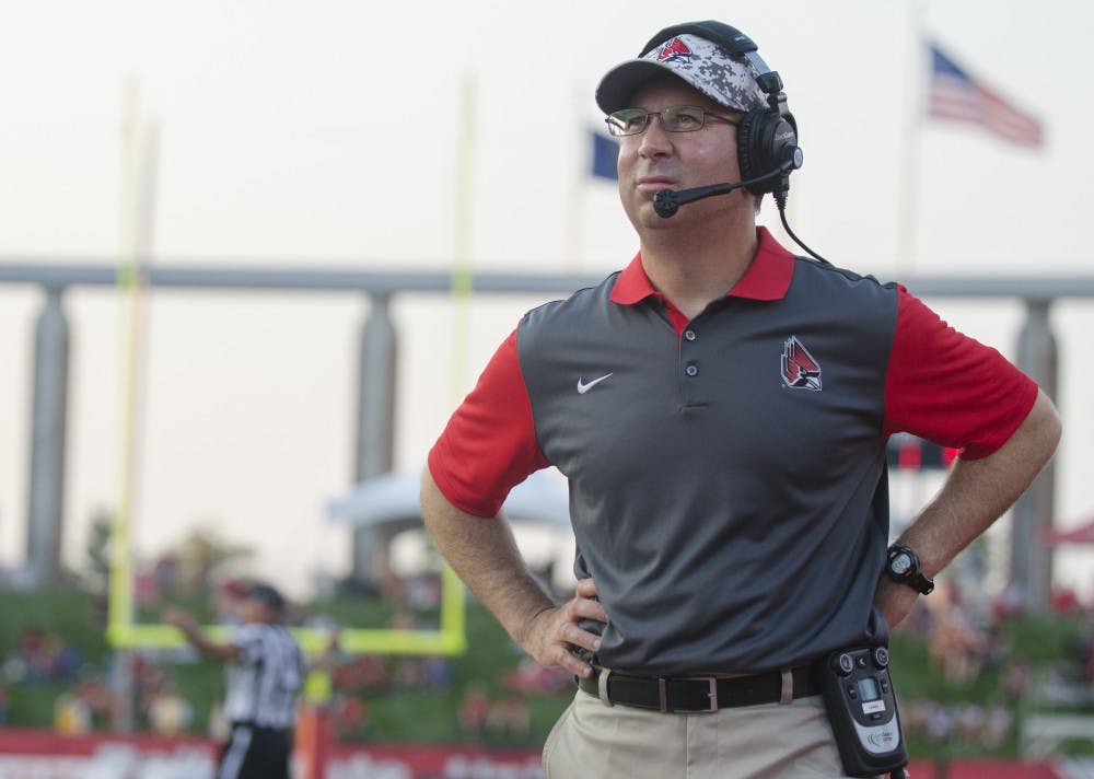 Head coach Pete Lembo looks onward during the game against Virginia Military Institute on Sept. 3 at Scheumann Stadium. DN PHOTO BREANNA DAUGHERTY