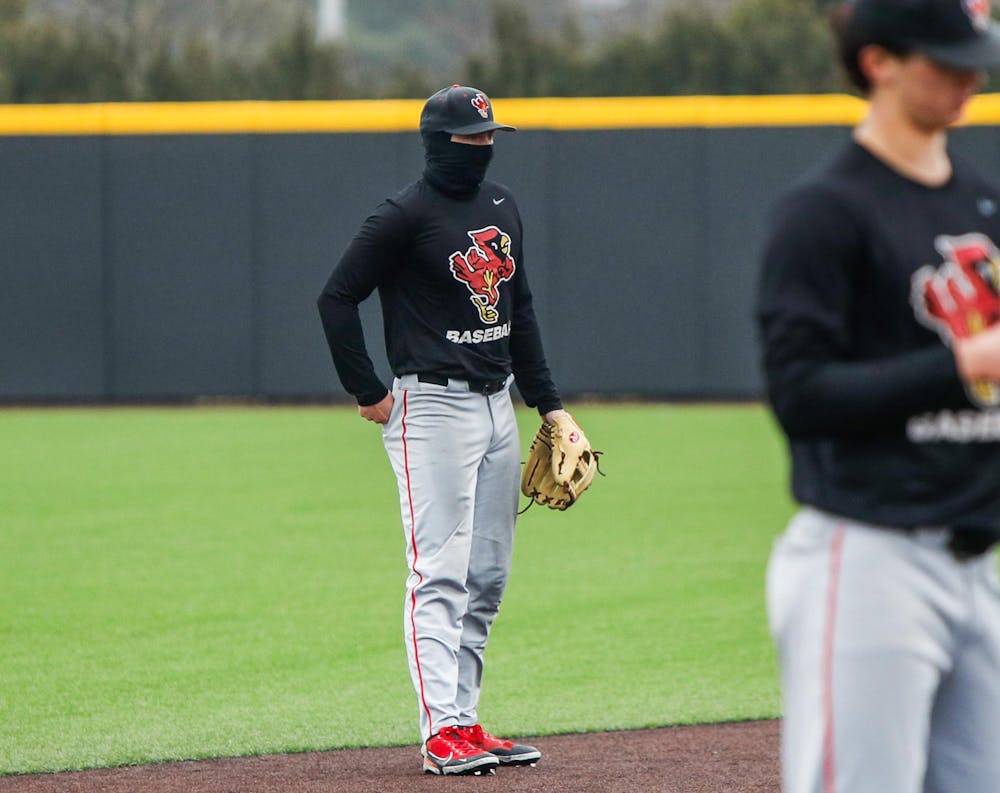 Ball State baseball player stands ready for the next batter during a practice scrimmage Jan. 26 at First Merchants Ballpark Complex. Andrew Berger, DN&nbsp;